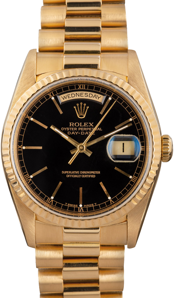 Rolex President Pre-Owned Mens Black 18238 36MM 18k Gold, Rolex Box (1990)